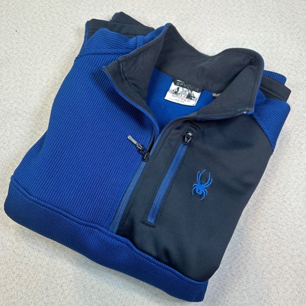 Spyder Pullover Fleece Mens XXL Blue Black Waffle Knit 1/4 Zip Jacket 229517 F22